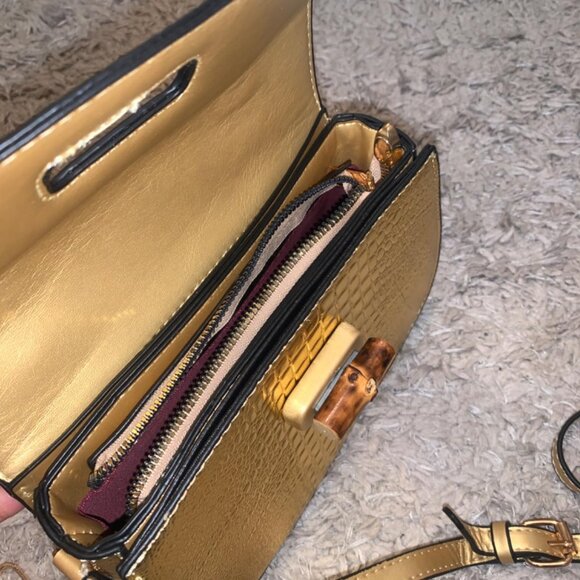 Neiman Marcus Lucine Gold Crocodile Leather Bamboo Handle Shoulder Bag - Picture 4 of 5